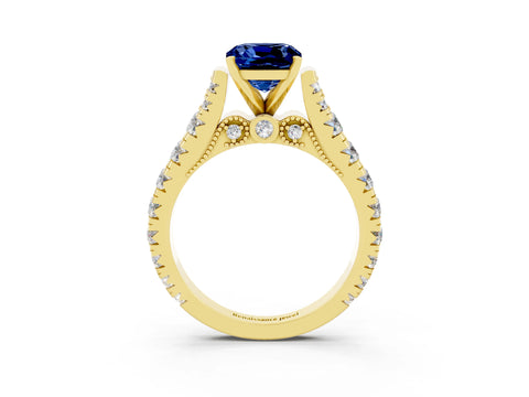 Yellow gold Cushion Cut Blue Sapphire Classic Solitaire Ring with Pavé Band and Four-Prong Setting_3