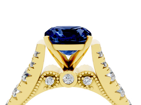 Yellow gold Cushion Cut Blue Sapphire Classic Solitaire Ring with Pavé Band and Four-Prong Setting_4