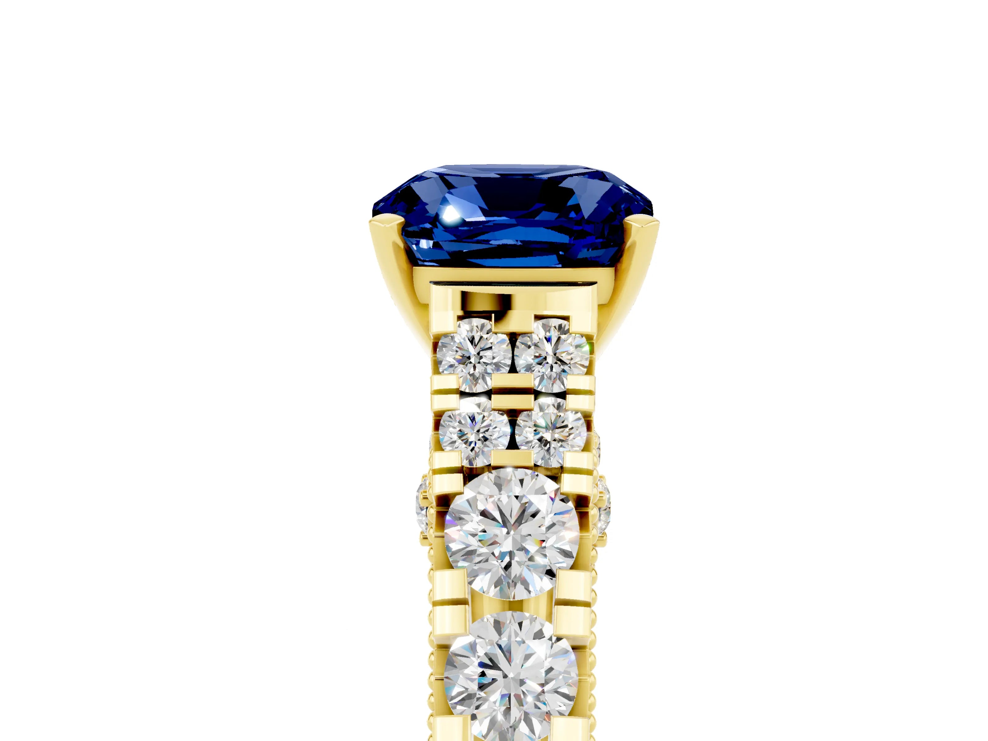 Yellow gold Cushion Cut Blue Sapphire Classic Solitaire Ring with Pavé Band and Four-Prong Setting_5
