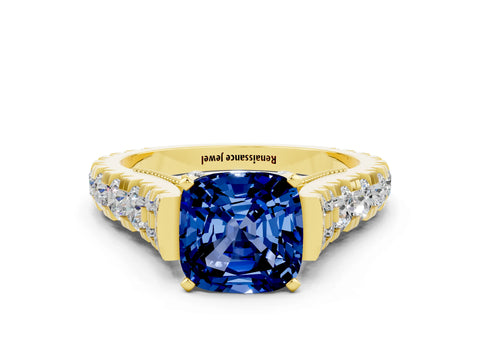 Yellow gold Cushion Cut Blue Sapphire Classic Solitaire Ring with Pavé Band and Four-Prong Setting