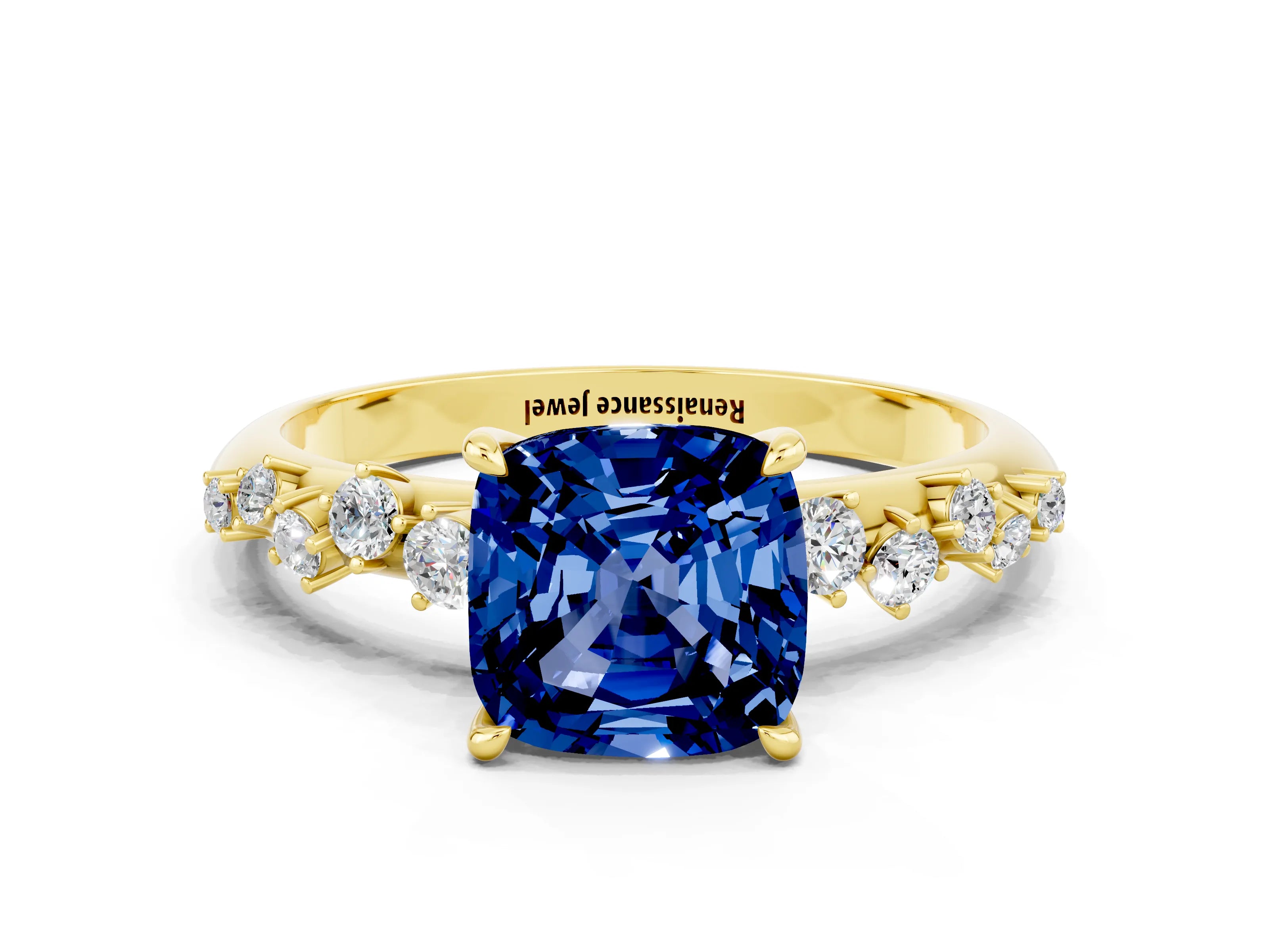 Yellow gold Cushion Cut Blue Sapphire Cluster Side Stone Solitaire Ring with Prong Setting_24