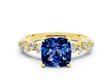 Yellow gold Cushion Cut Blue Sapphire Cluster Side Stone Solitaire Ring with Prong Setting_24