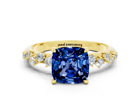 Yellow gold Cushion Cut Blue Sapphire Cluster Side Stone Solitaire Ring with Prong Setting_24