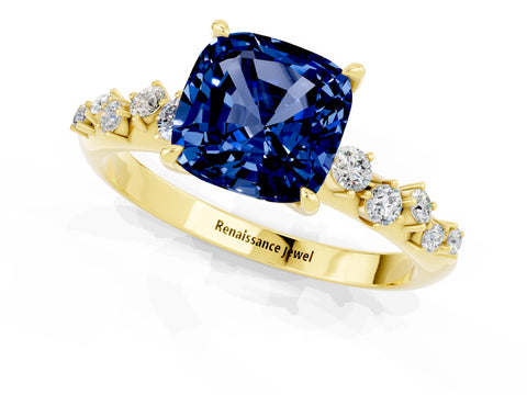Yellow gold Cushion Cut Blue Sapphire Cluster Side Stone Solitaire Ring with Prong Setting_25