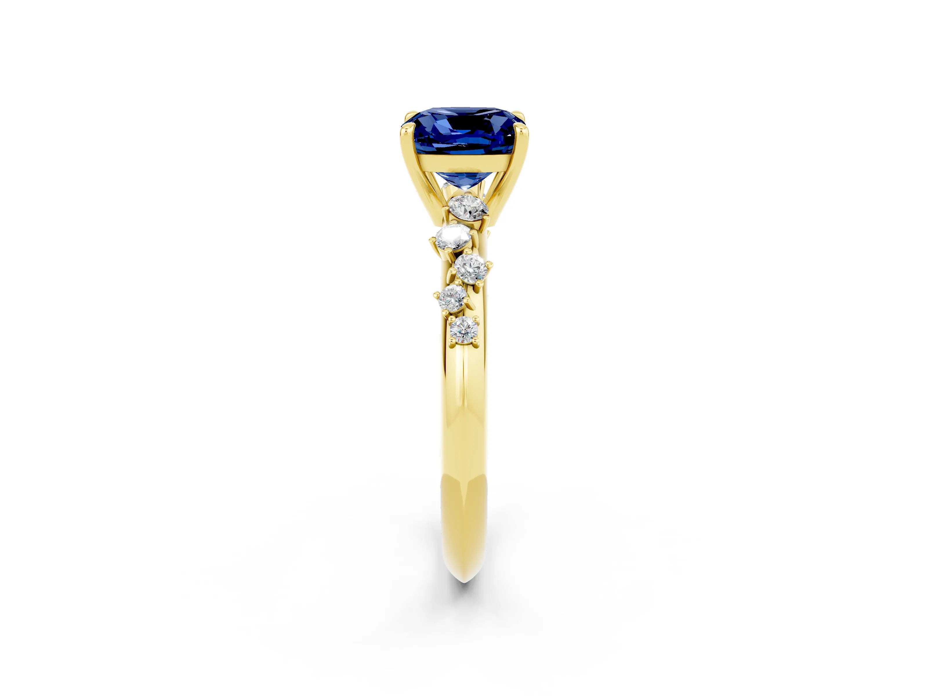 Yellow gold Cushion Cut Blue Sapphire Cluster Side Stone Solitaire Ring with Prong Setting_26