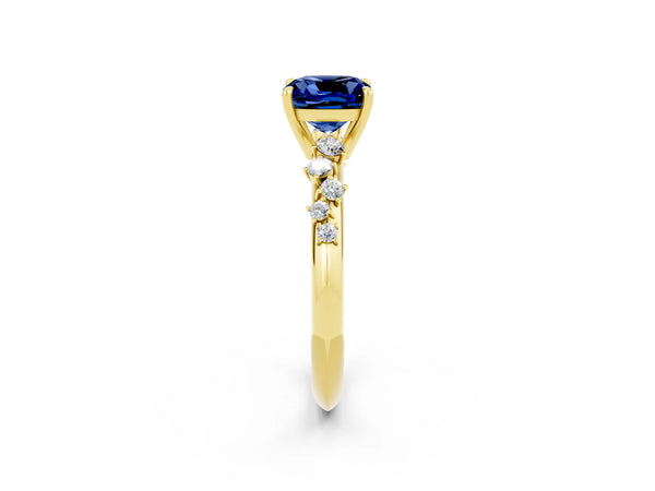 Yellow gold Cushion Cut Blue Sapphire Cluster Side Stone Solitaire Ring with Prong Setting