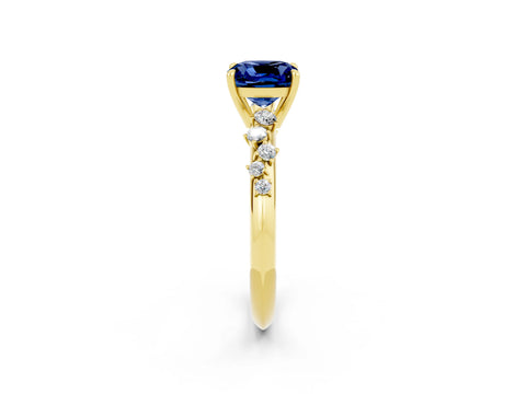 Yellow gold Cushion Cut Blue Sapphire Cluster Side Stone Solitaire Ring with Prong Setting_26