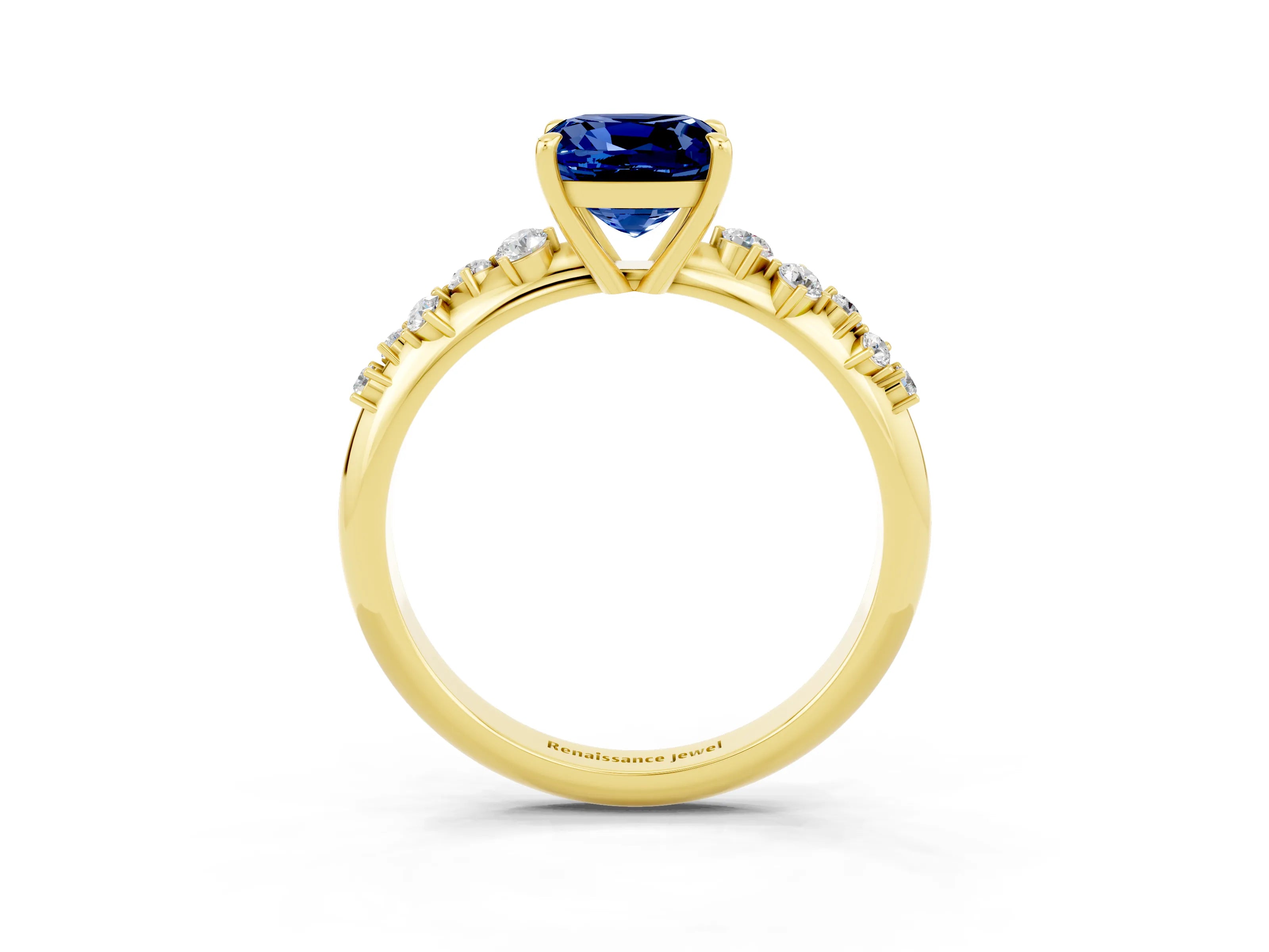 Yellow gold Cushion Cut Blue Sapphire Cluster Side Stone Solitaire Ring with Prong Setting_27