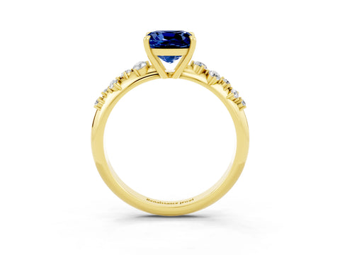 Yellow gold Cushion Cut Blue Sapphire Cluster Side Stone Solitaire Ring with Prong Setting_27