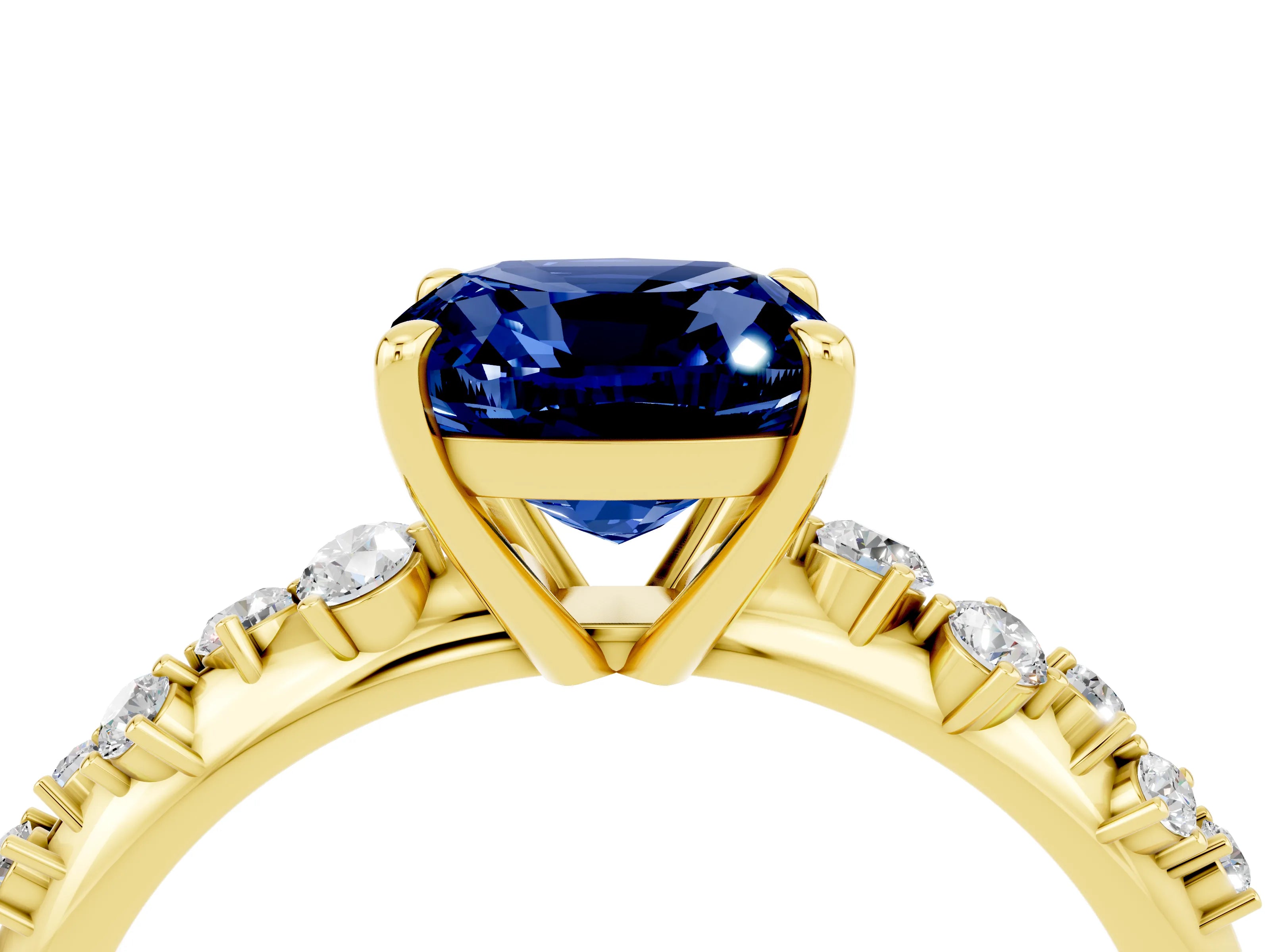 Yellow gold Cushion Cut Blue Sapphire Cluster Side Stone Solitaire Ring with Prong Setting_28