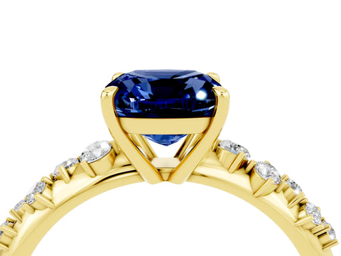 Yellow gold Cushion Cut Blue Sapphire Cluster Side Stone Solitaire Ring with Prong Setting_28