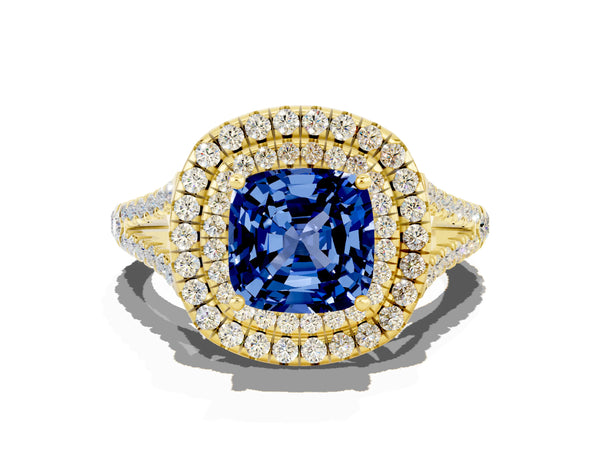 Yellow gold Cushion Cut Blue Sapphire Double Halo Ring with Pavé Band and Prong Setting