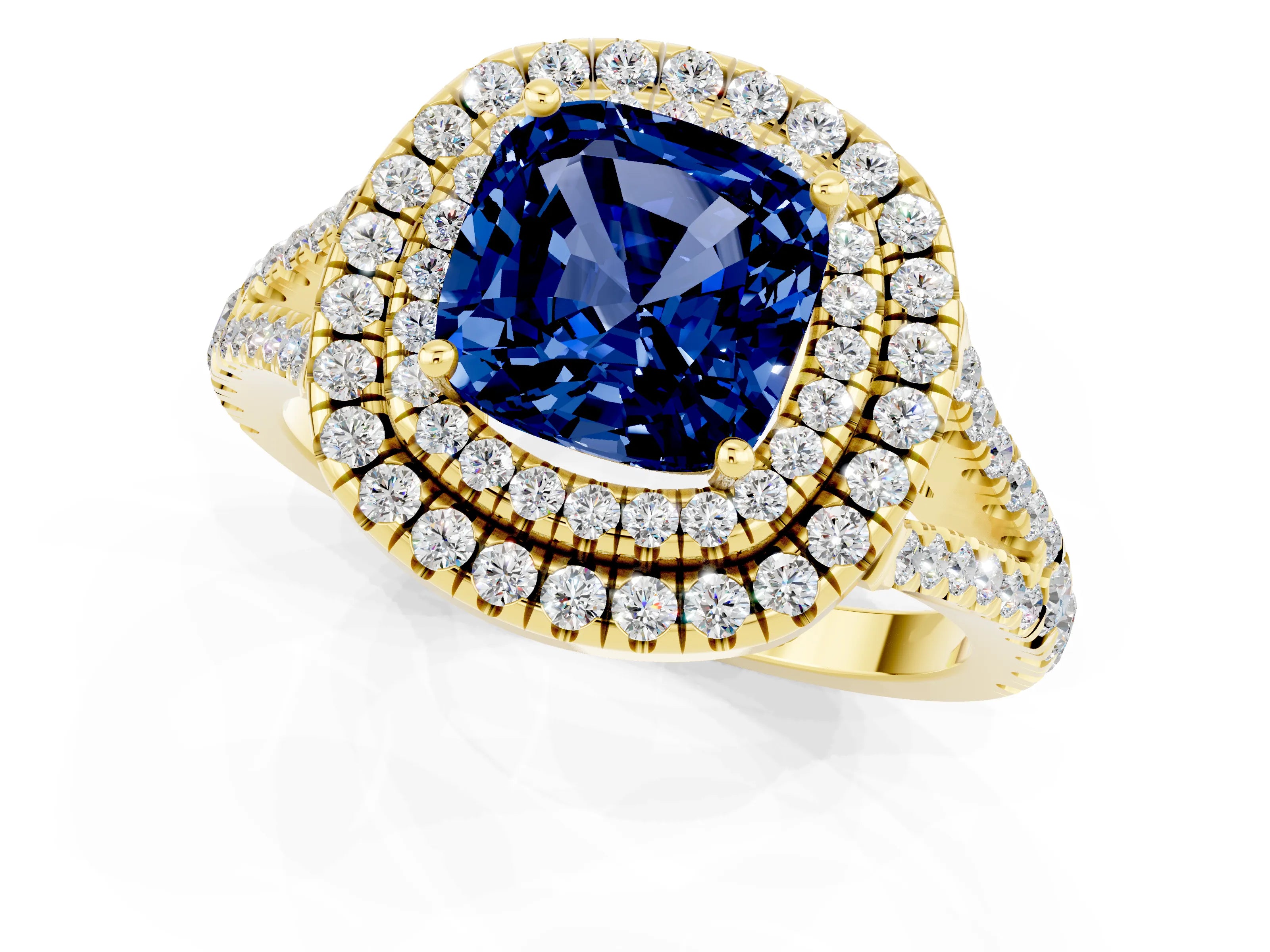 Yellow gold Cushion Cut Blue Sapphire Double Halo Ring with Pavé Band and Prong Setting_13