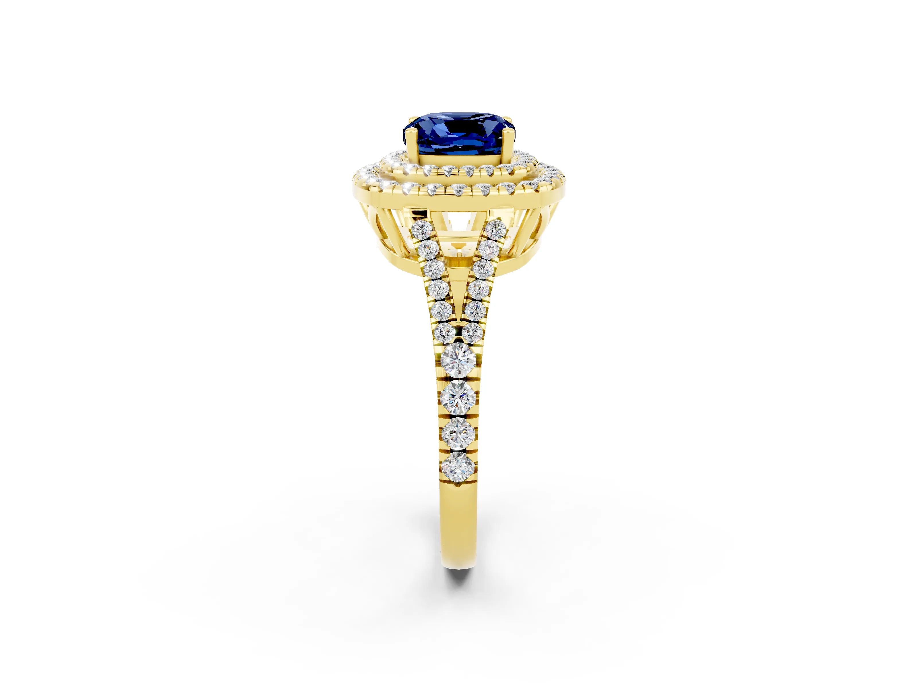 Yellow gold Cushion Cut Blue Sapphire Double Halo Ring with Pavé Band and Prong Setting_14