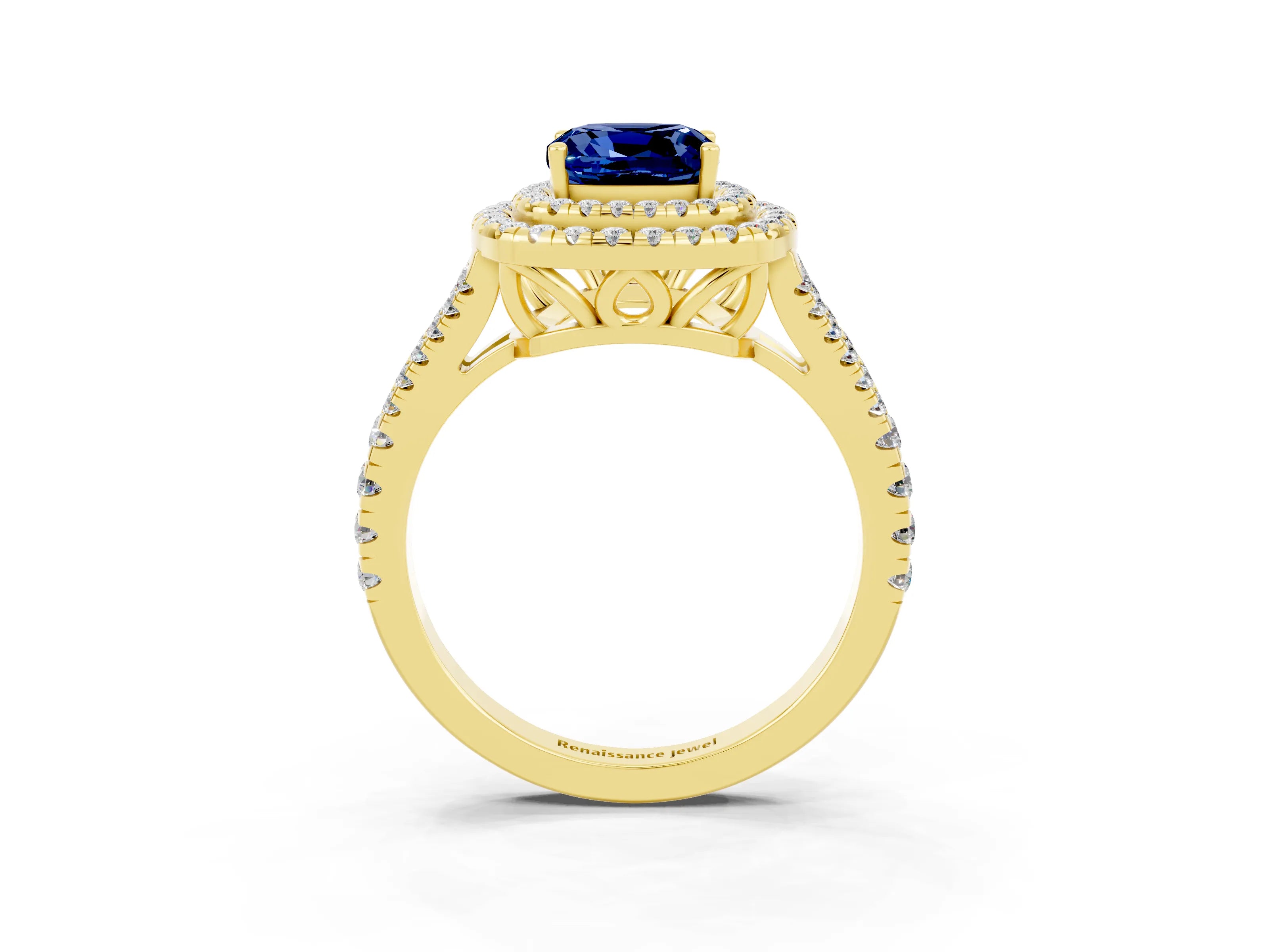 Yellow gold Cushion Cut Blue Sapphire Double Halo Ring with Pavé Band and Prong Setting_15