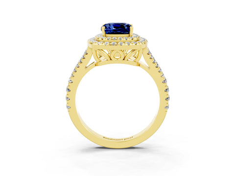 Yellow gold Cushion Cut Blue Sapphire Double Halo Ring with Pavé Band and Prong Setting_15