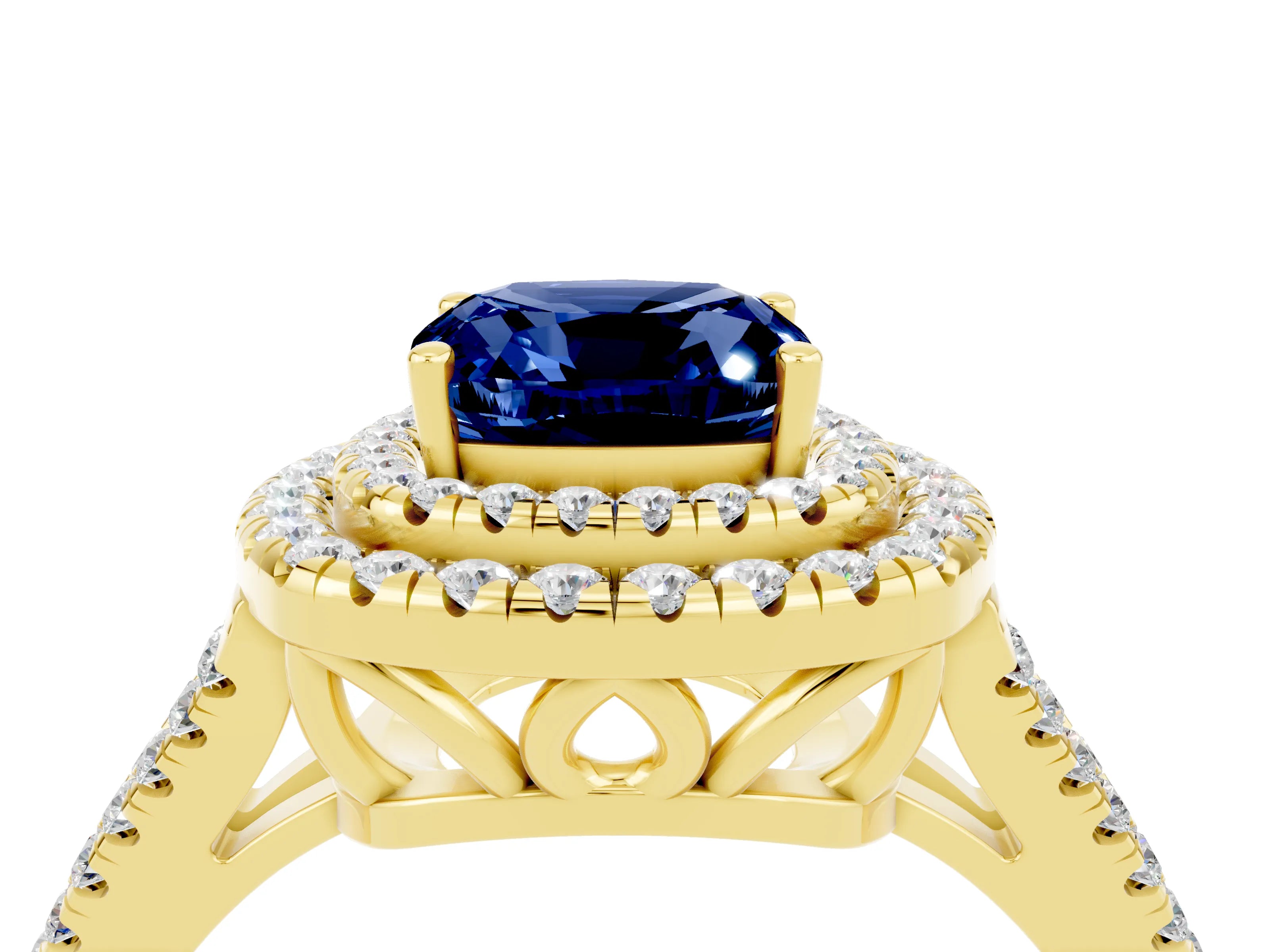 Yellow gold Cushion Cut Blue Sapphire Double Halo Ring with Pavé Band and Prong Setting_16