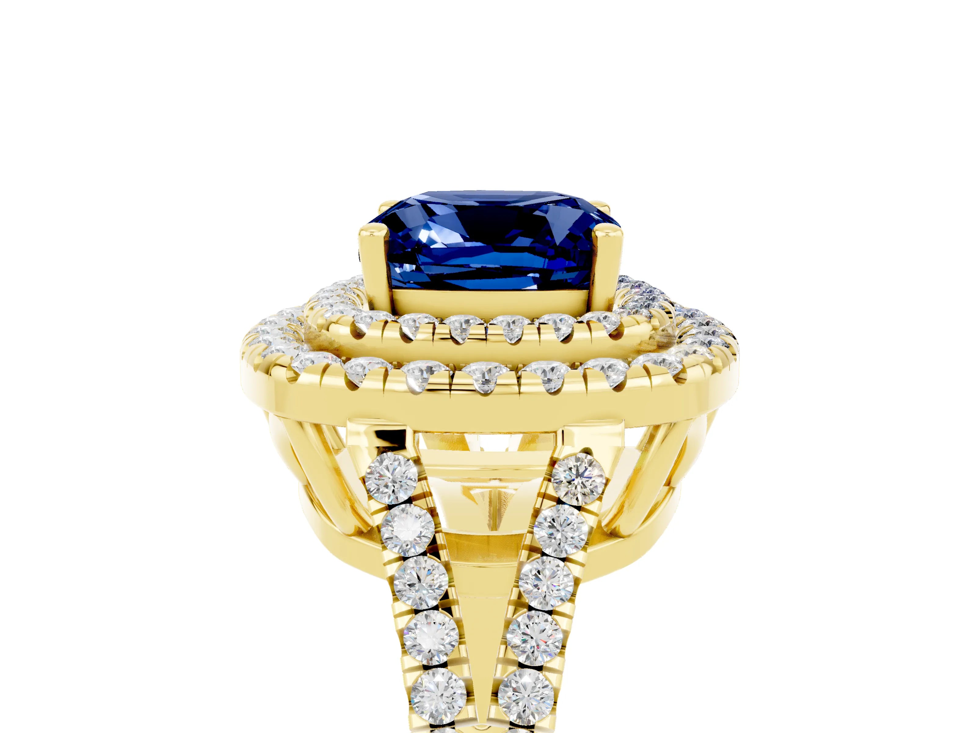 Yellow gold Cushion Cut Blue Sapphire Double Halo Ring with Pavé Band and Prong Setting_17