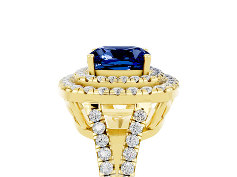 Yellow gold Cushion Cut Blue Sapphire Double Halo Ring with Pavé Band and Prong Setting_17