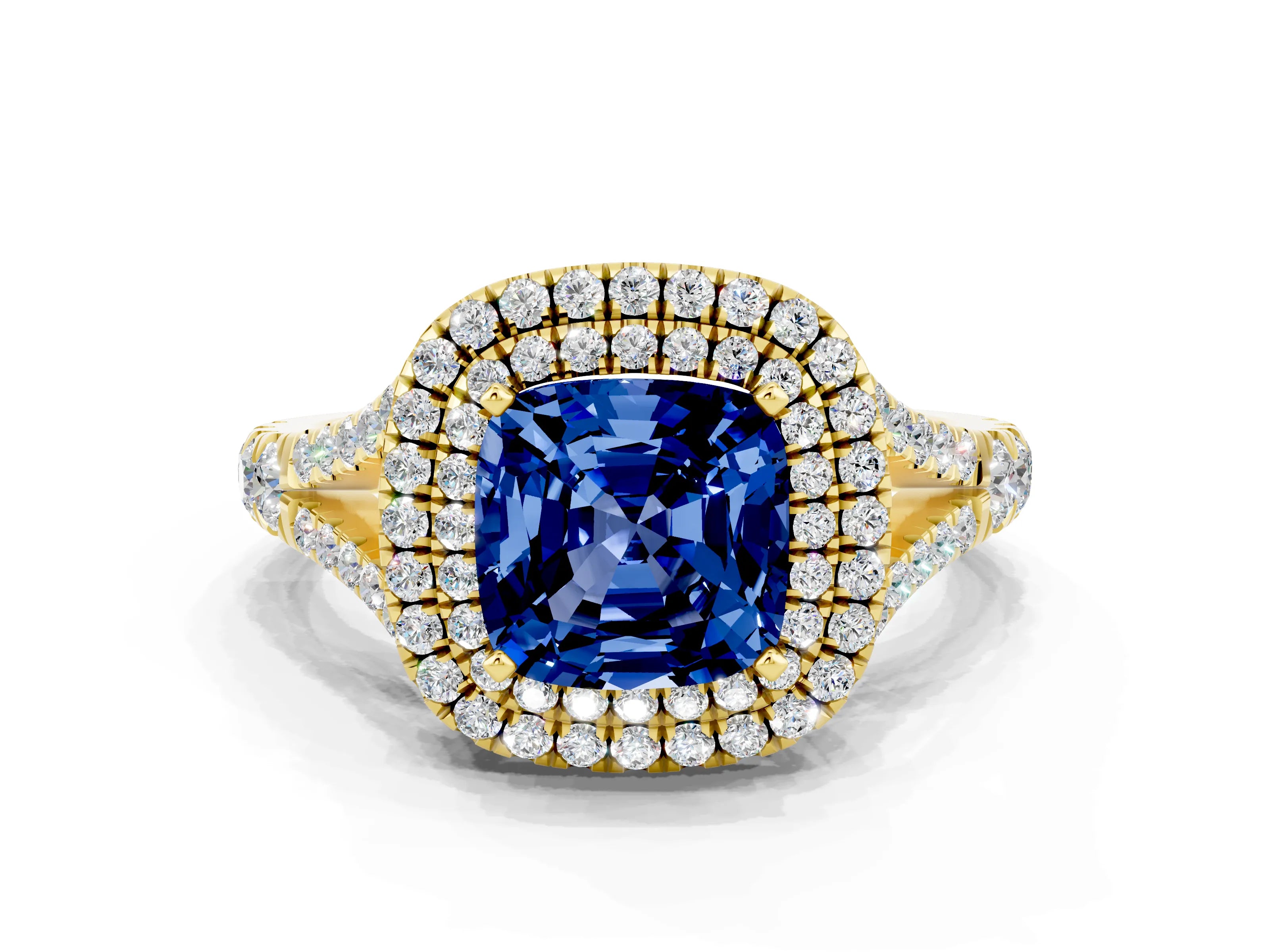 Yellow gold Cushion Cut Blue Sapphire Double Halo Ring with Split Shank and Prong Setting_12