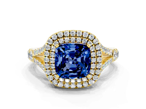 Yellow gold Cushion Cut Blue Sapphire Double Halo Ring with Split Shank and Prong Setting_12
