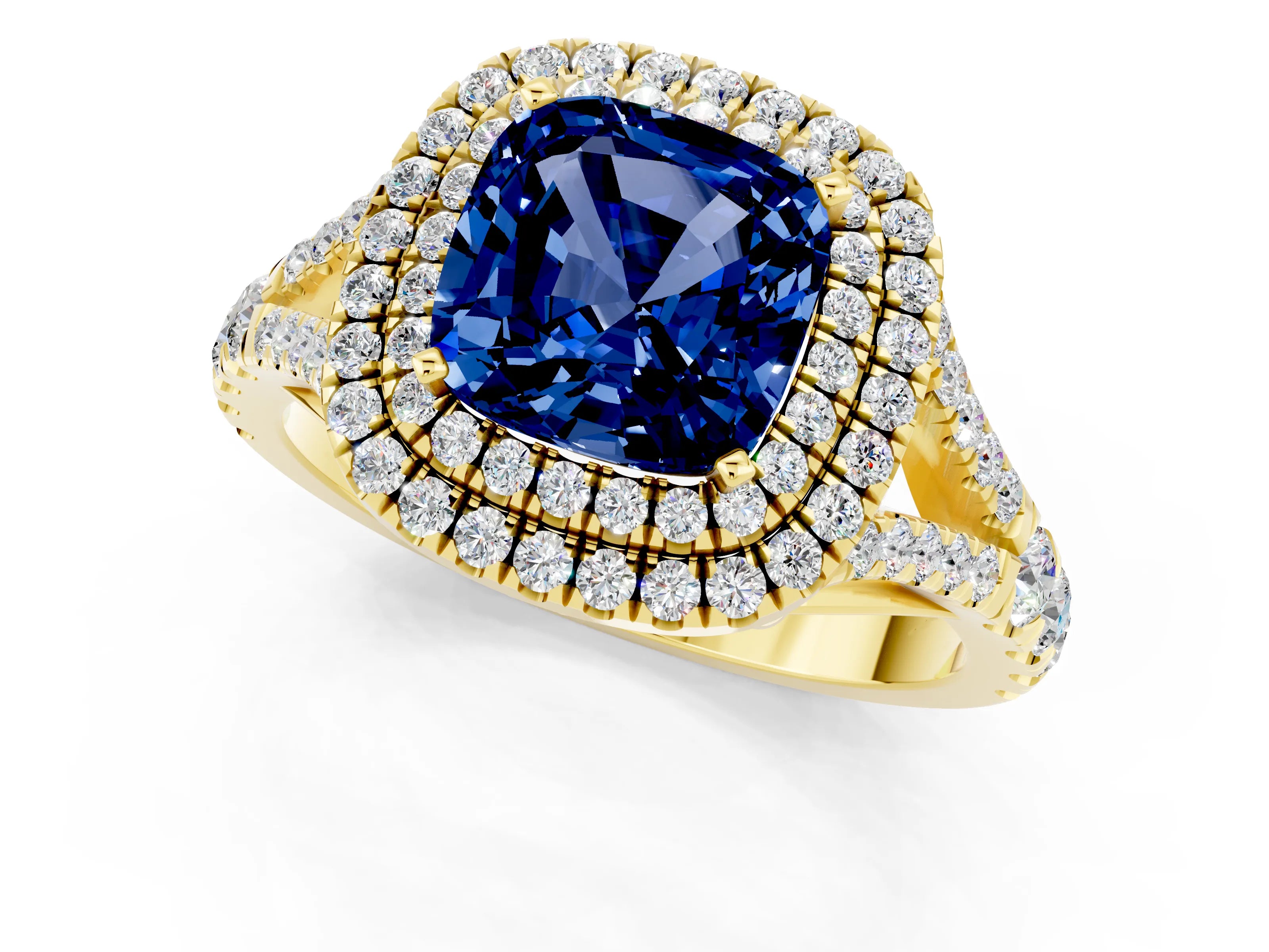 Yellow gold Cushion Cut Blue Sapphire Double Halo Ring with Split Shank and Prong Setting_13