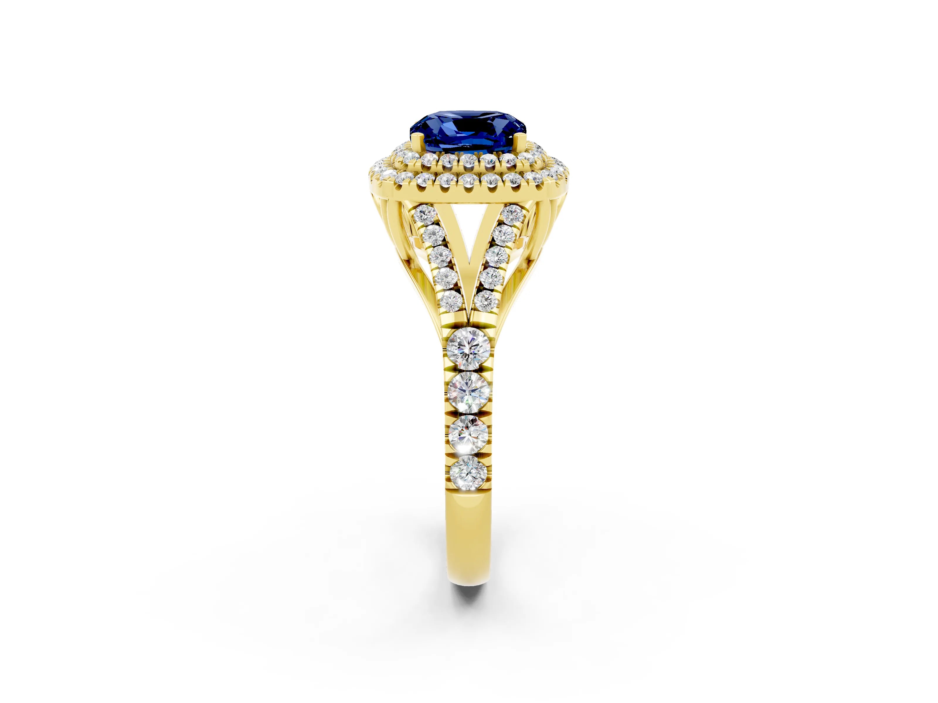 Yellow gold Cushion Cut Blue Sapphire Double Halo Ring with Split Shank and Prong Setting_14