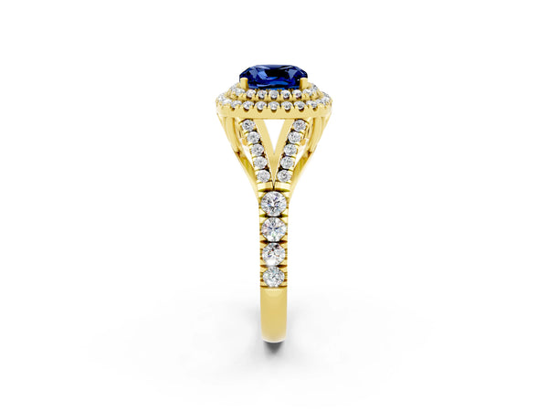 Yellow gold Cushion Cut Blue Sapphire Double Halo Ring with Split Shank and Prong Setting