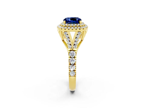 Yellow gold Cushion Cut Blue Sapphire Double Halo Ring with Split Shank and Prong Setting_14