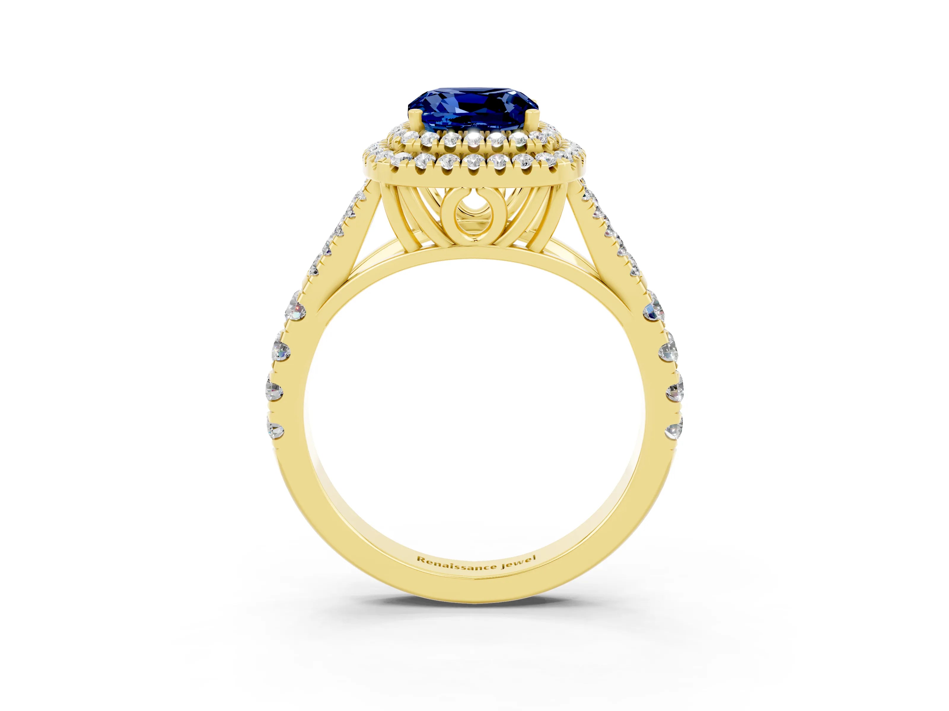 Yellow gold Cushion Cut Blue Sapphire Double Halo Ring with Split Shank and Prong Setting_15