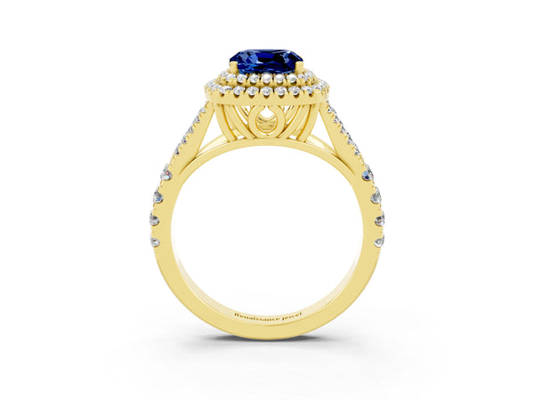 Yellow gold Cushion Cut Blue Sapphire Double Halo Ring with Split Shank and Prong Setting