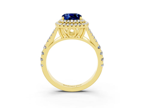 Yellow gold Cushion Cut Blue Sapphire Double Halo Ring with Split Shank and Prong Setting_15