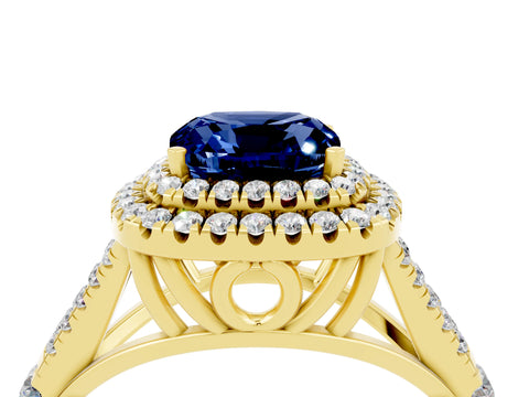 Yellow gold Cushion Cut Blue Sapphire Double Halo Ring with Split Shank and Prong Setting_16