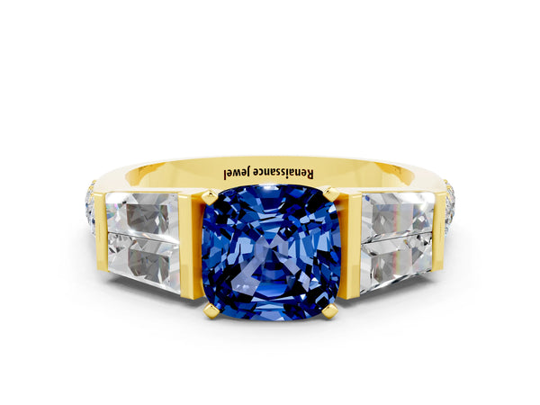 Yellow gold Cushion Cut Blue Sapphire Engagement Ring with Baguette Side Stones and Channel Set Band