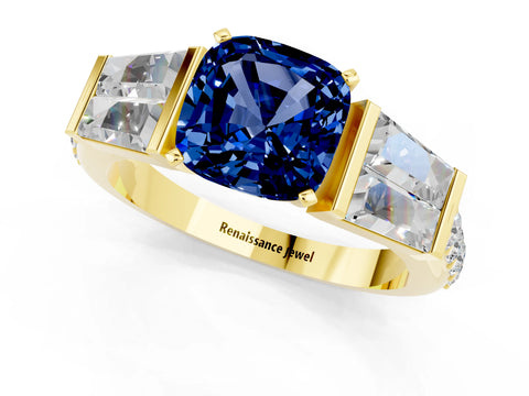 Yellow gold Cushion Cut Blue Sapphire Engagement Ring with Baguette Side Stones and Channel Set Band_1