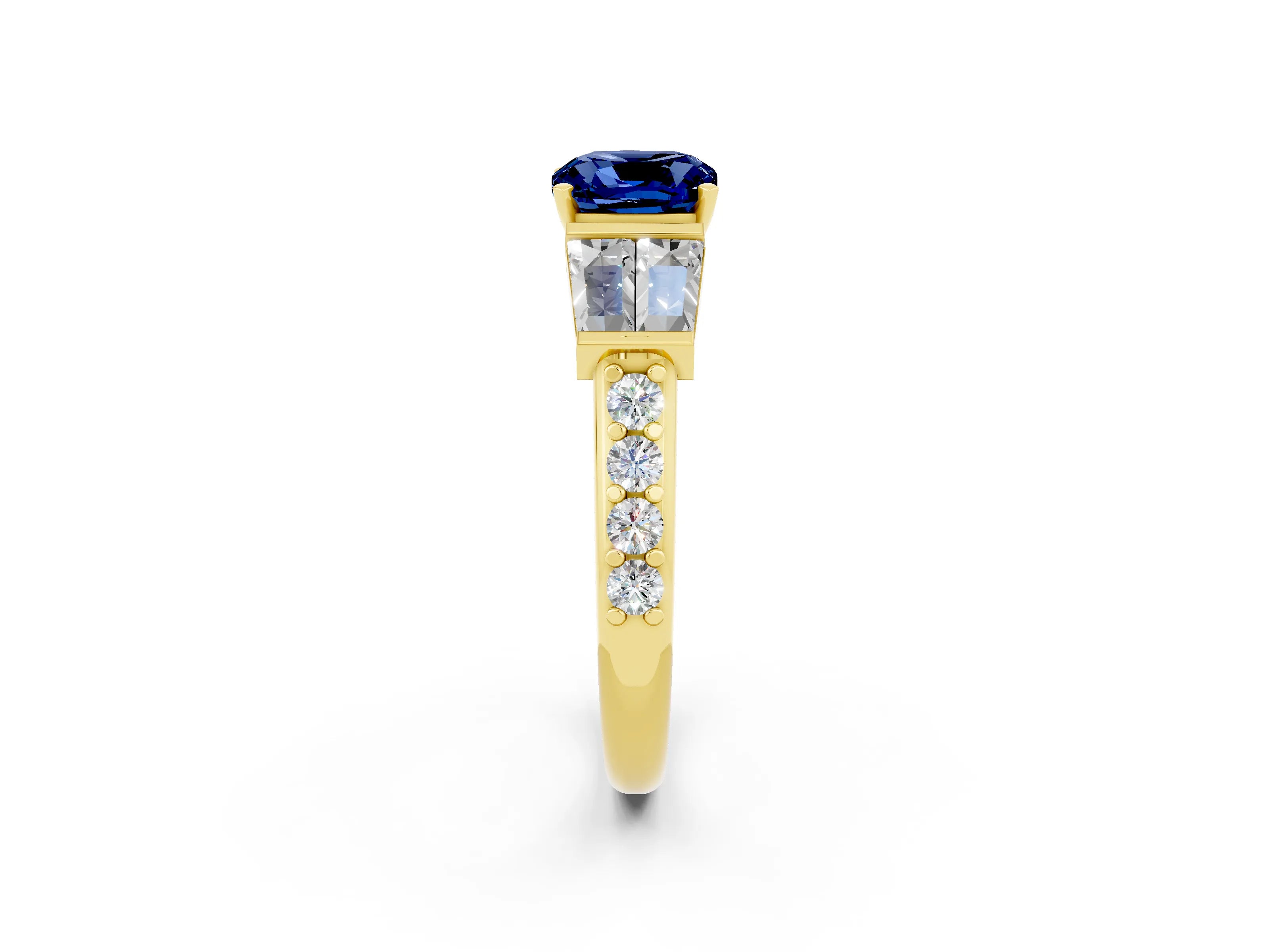 Yellow gold Cushion Cut Blue Sapphire Engagement Ring with Baguette Side Stones and Channel Set Band_2