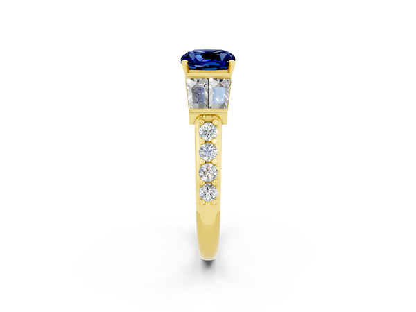 Yellow gold Cushion Cut Blue Sapphire Engagement Ring with Baguette Side Stones and Channel Set Band