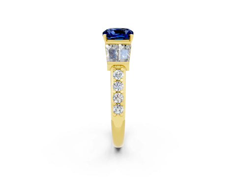 Yellow gold Cushion Cut Blue Sapphire Engagement Ring with Baguette Side Stones and Channel Set Band_2