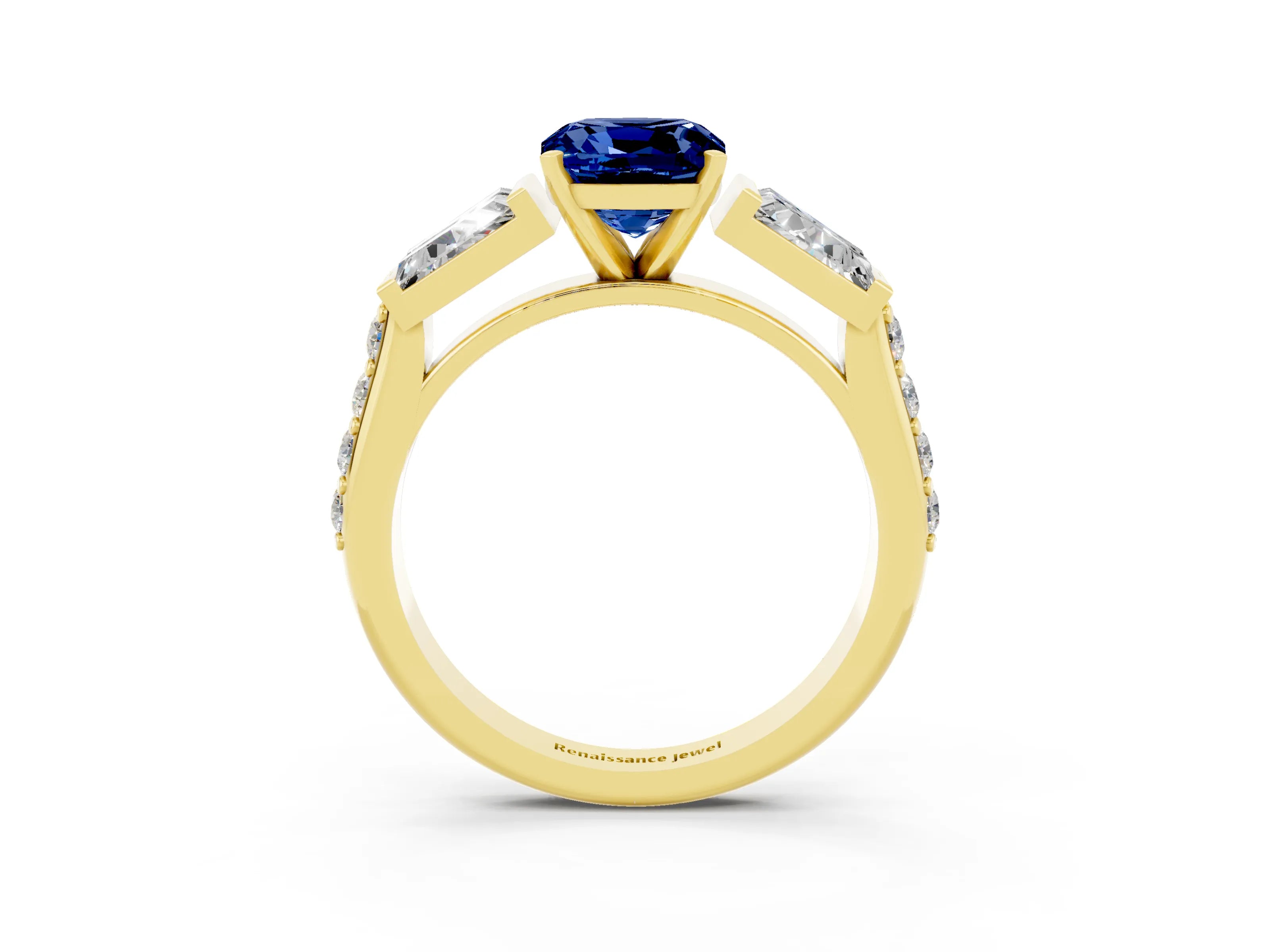 Yellow gold Cushion Cut Blue Sapphire Engagement Ring with Baguette Side Stones and Channel Set Band_3