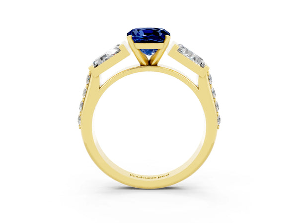 Yellow gold Cushion Cut Blue Sapphire Engagement Ring with Baguette Side Stones and Channel Set Band