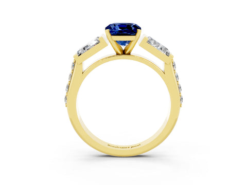 Yellow gold Cushion Cut Blue Sapphire Engagement Ring with Baguette Side Stones and Channel Set Band_3