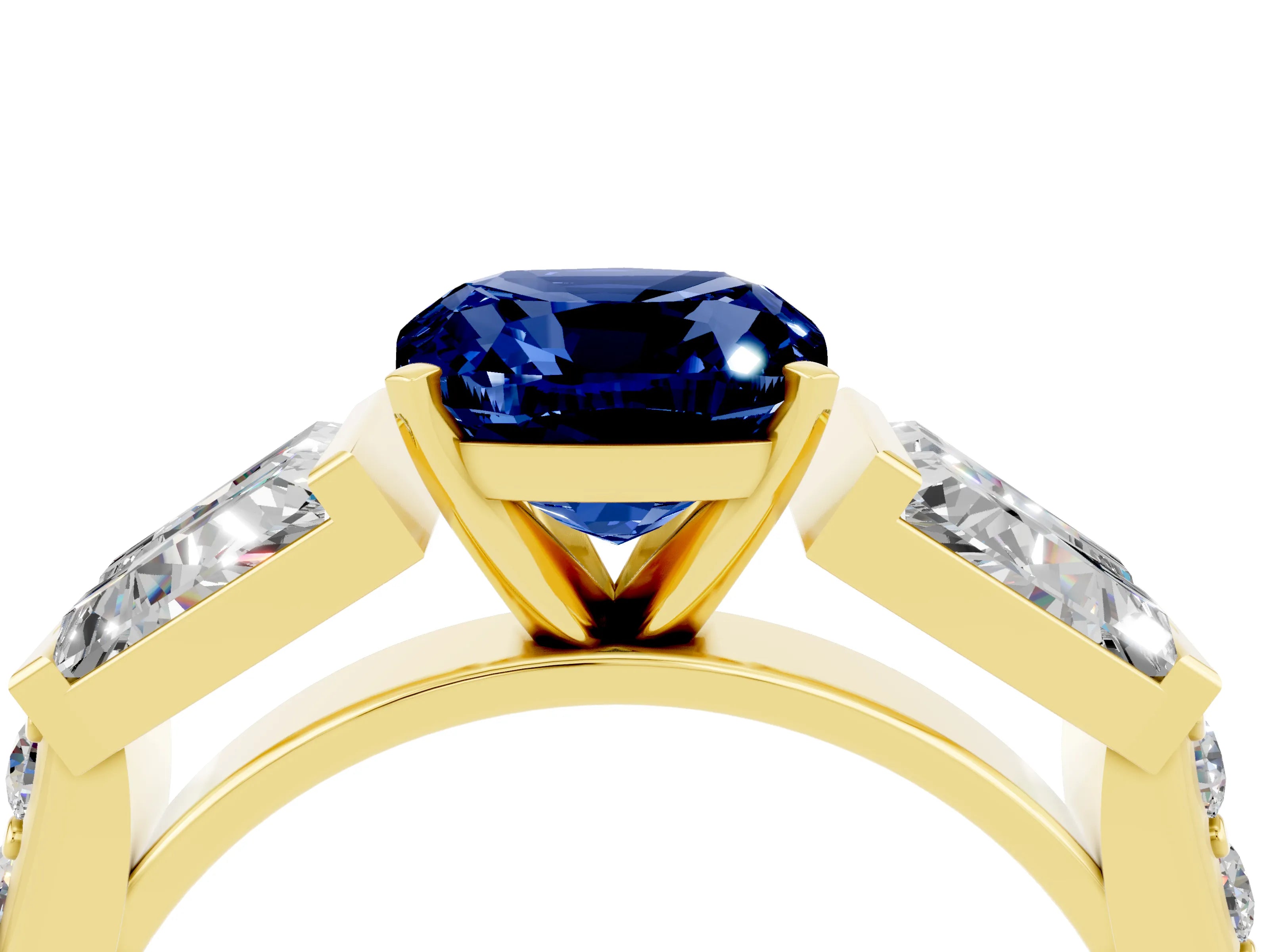 Yellow gold Cushion Cut Blue Sapphire Engagement Ring with Baguette Side Stones and Channel Set Band_4
