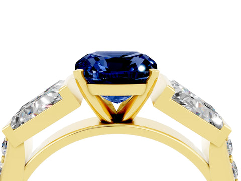 Yellow gold Cushion Cut Blue Sapphire Engagement Ring with Baguette Side Stones and Channel Set Band_4