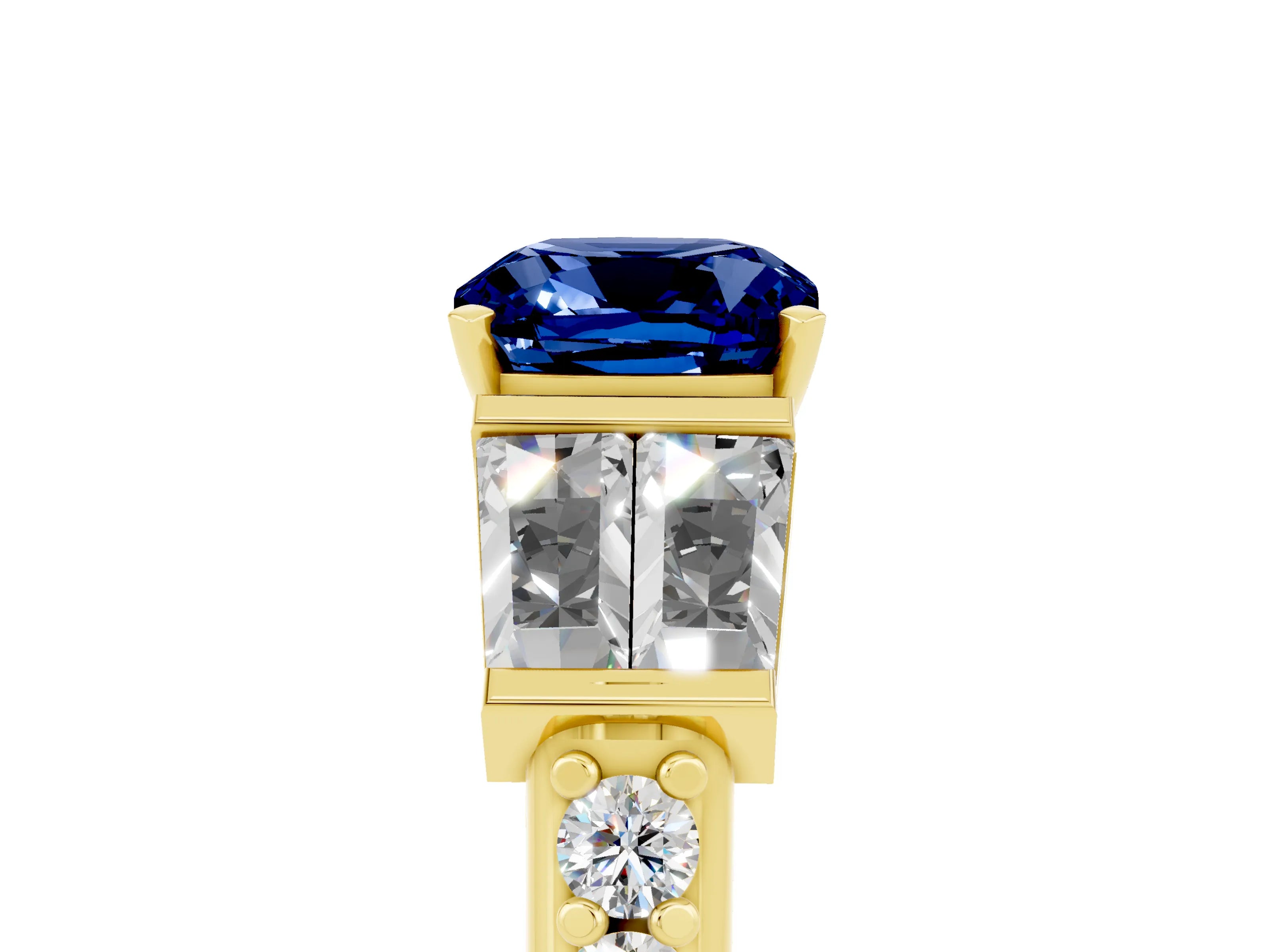 Yellow gold Cushion Cut Blue Sapphire Engagement Ring with Baguette Side Stones and Channel Set Band_5