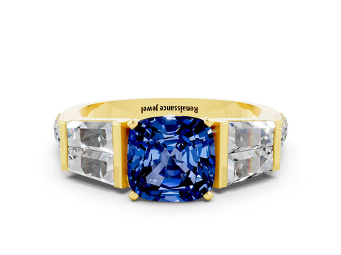 Yellow gold Cushion Cut Blue Sapphire Engagement Ring with Baguette Side Stones and Channel Set Band