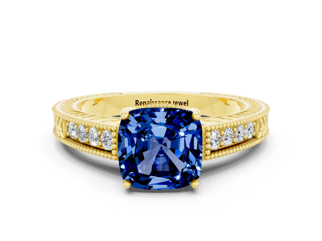 Yellow gold Cushion Cut Blue Sapphire Engagement Ring with Milgrain Channel Set Band and Prong Setting