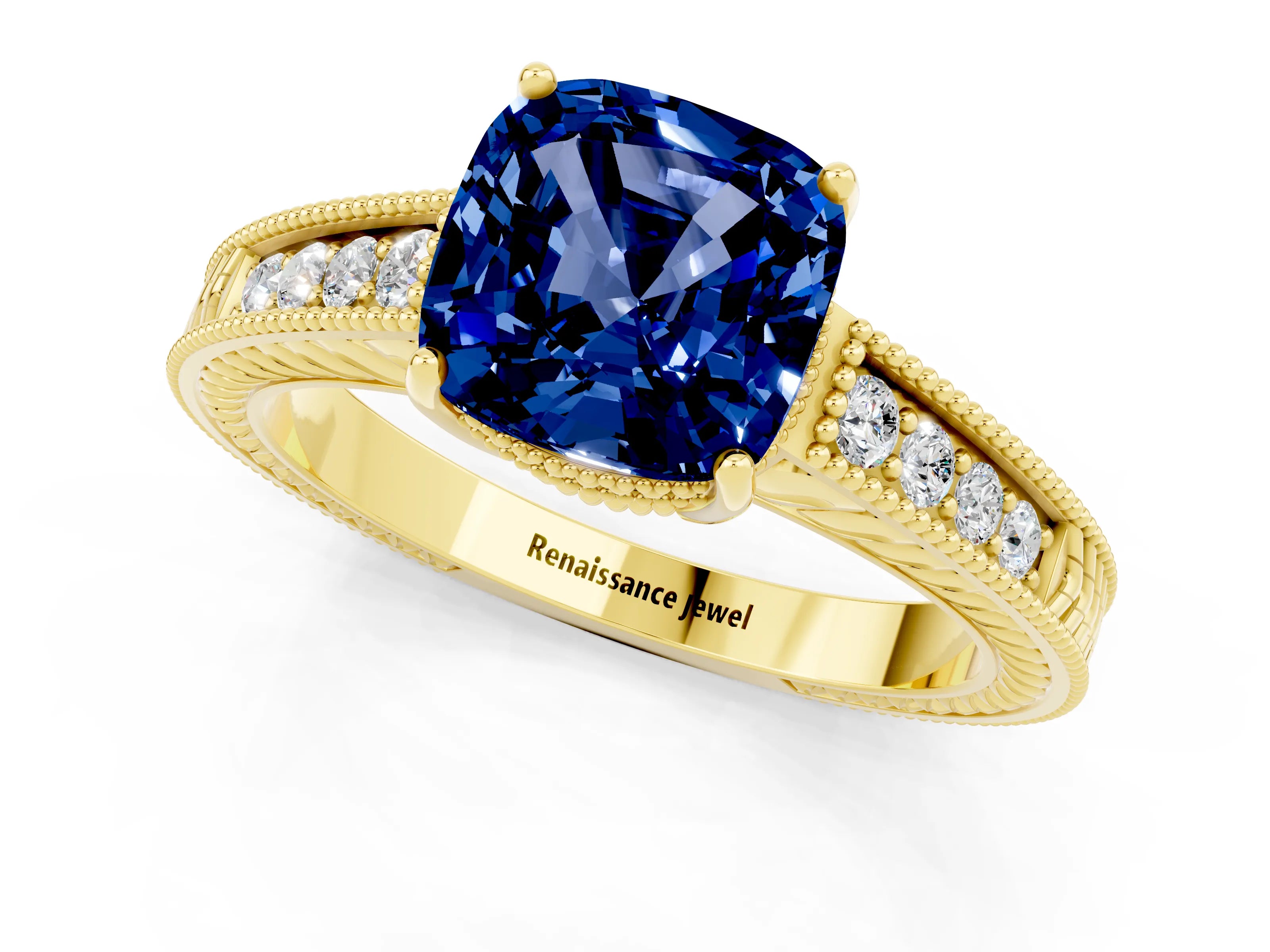 Yellow gold Cushion Cut Blue Sapphire Engagement Ring with Milgrain Channel Set Band and Prong Setting_1