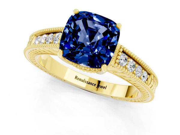 Yellow gold Cushion Cut Blue Sapphire Engagement Ring with Milgrain Channel Set Band and Prong Setting