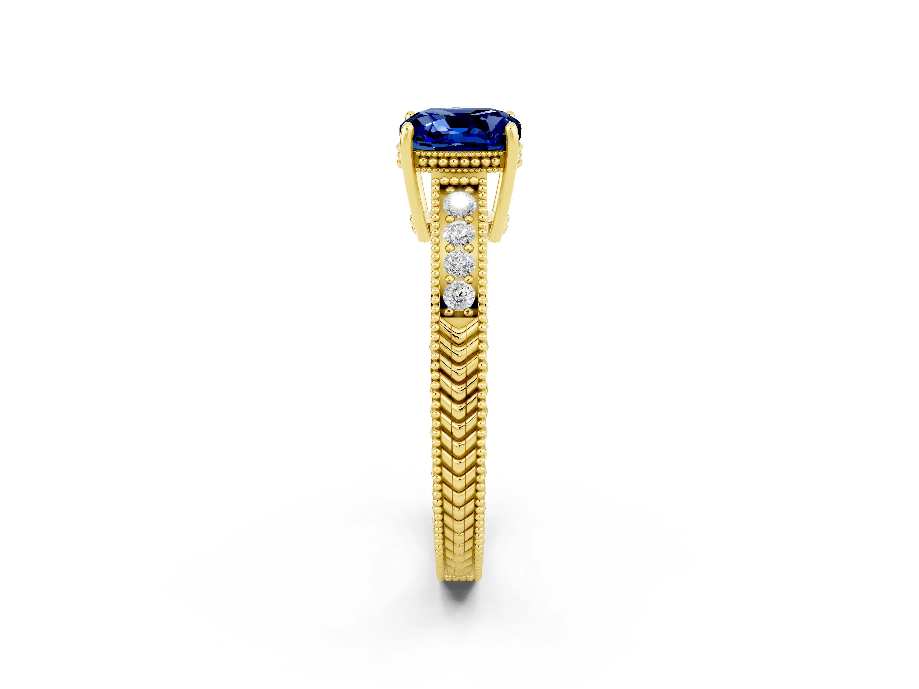 Yellow gold Cushion Cut Blue Sapphire Engagement Ring with Milgrain Channel Set Band and Prong Setting_2