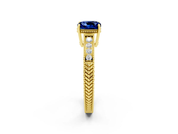 Yellow gold Cushion Cut Blue Sapphire Engagement Ring with Milgrain Channel Set Band and Prong Setting